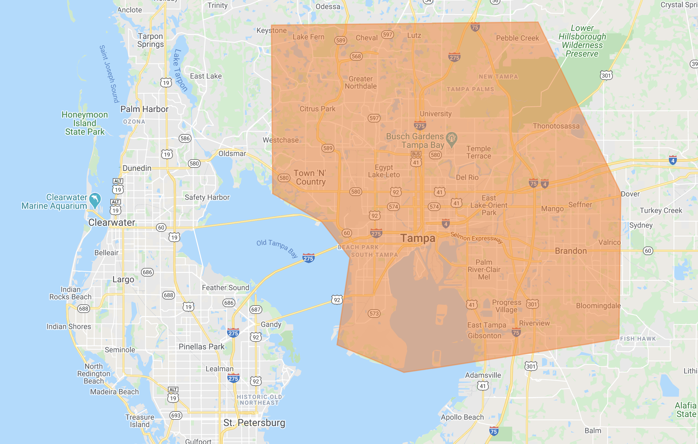 Pop-A-Lock Tampa Locksmith Service Area Map